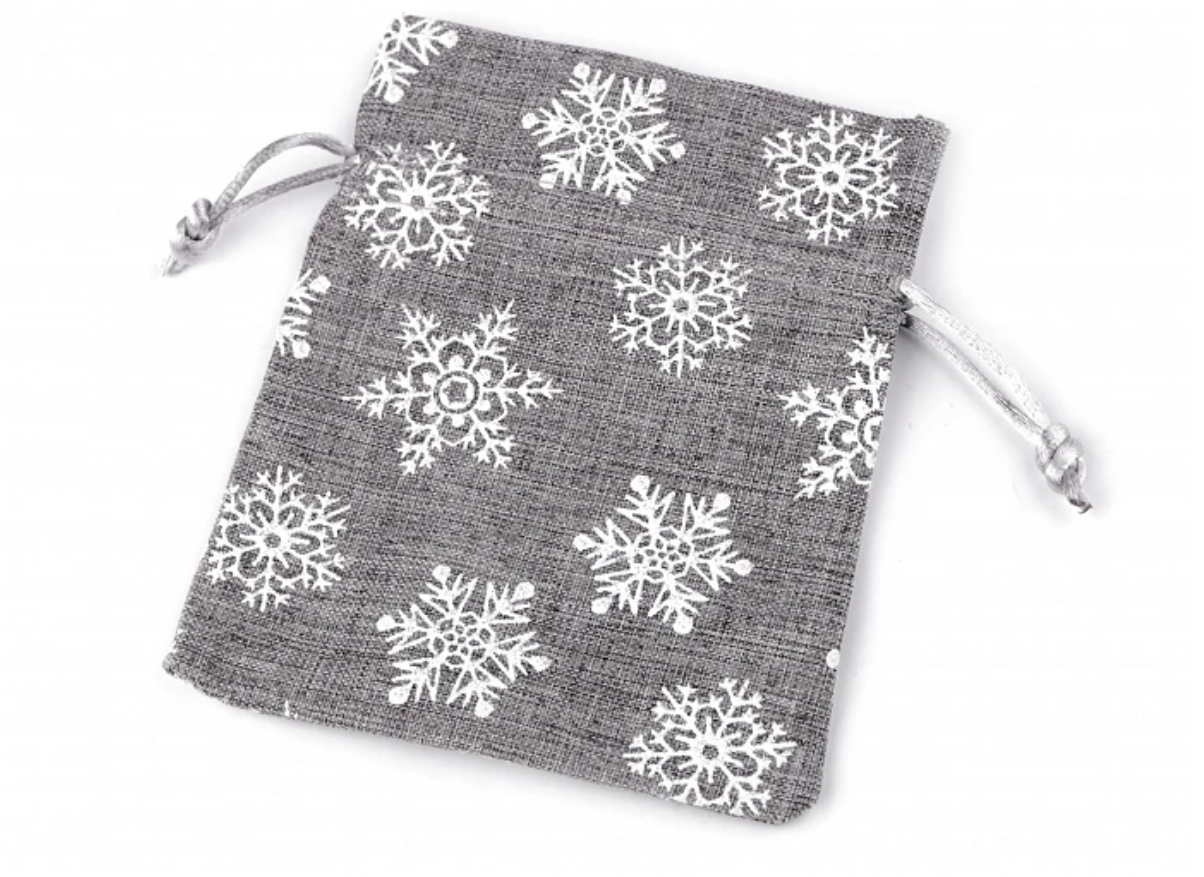 Dárkový pytlík vánoční vločky s glitry imitace juty 10 x 13 cm