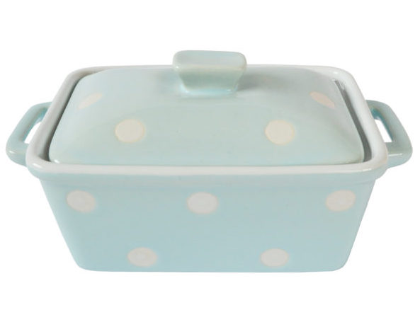 Keramická máslenka nebo zapékací miska s pokličkou a puntíky světle modrá