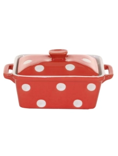 Keramická máslenka nebo zapékací miska s pokličkou a puntíky červená
