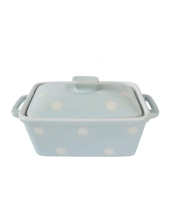 Keramická máslenka nebo zapékací miska s pokličkou a puntíky světle modrá