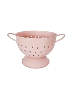 Růžový kovový cedník se srdíčky 21 cm 